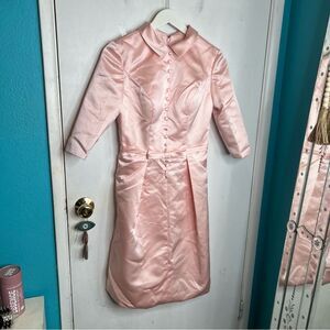 LT Lanting bride pink satin bridesmaids powder pink midi length collar dress